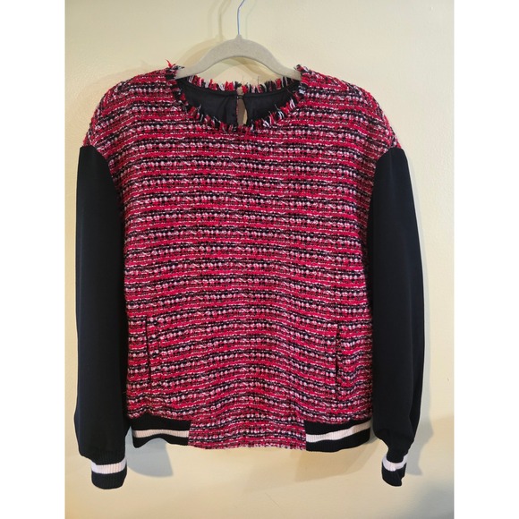 J.Crew Tops - J.Crew Collection Tweed Mixed Media Top Red Black White Varsity Trim Size 12